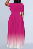 Casual Gradient Print O Neck Short Sleeve Pocket Loose Floor Length Plus Size Maxi T-Shirt Dresses