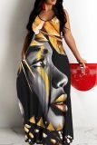 Sexy Figure Print Backless Spaghetti Strap Floor Length Vacation Baggy Sundress Slip Maxi Dress