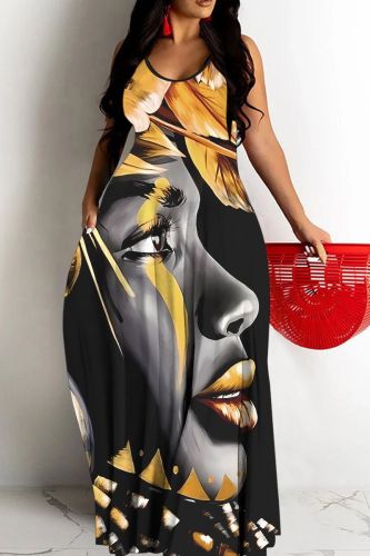 Sexy Figure Print Backless Spaghetti Strap Floor Length Vacation Baggy Sundress Slip Maxi Dress