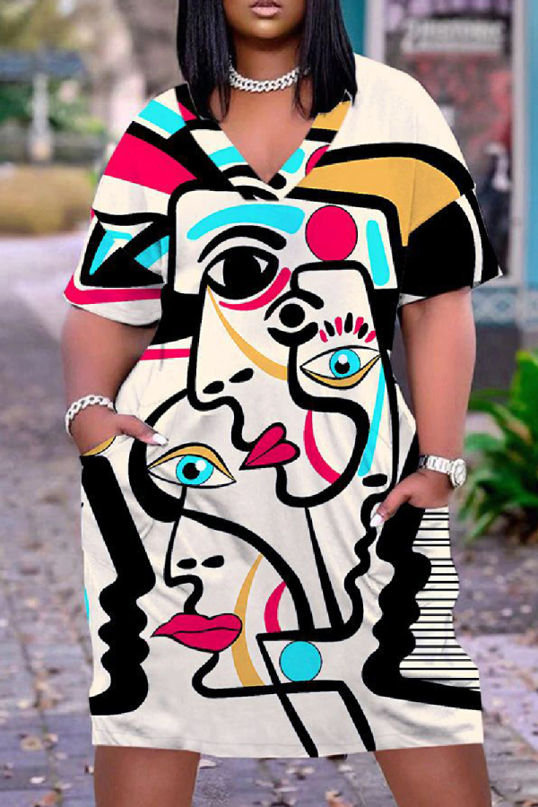 Casual Graphics Print Basic V Neck Short Sleeve Loose Pockets Midi T-Shirt Dress