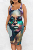 Casual Figure Print U Neck Sleeveless Vacation Bodycon Midi Tank Dress