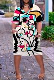 Casual Graphics Print Basic V Neck Short Sleeve Loose Pockets Midi T-Shirt Dress