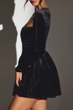 Formal Square Neck Long Sleeve Ruched Formal Party Evening Pleated Bodycon Velvet Midi Dress