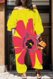 Casual Floral Print Off Shoulder Long Sleeve Pockets Harem Jumpsuits