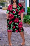 Casual Graphics Print Basic V Neck Short Sleeve Loose Pockets Midi T-Shirt Dress
