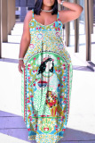 Casual Graphics Print Backless Spaghetti Strap Floor Length Vacation Baggy Sundress Slip Maxi Dress