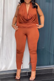 Sleeveless Asymmetrical Collar Ruched Halter Crop Tops And Skinny Pants Vacation Two Pieces Trouser Sets