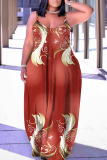 Casual Graphics Print Backless Spaghetti Strap Floor Length Vacation Baggy Sundress Slip Maxi Dress