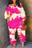 Casual Graphcis Print Off Shoulder Long Sleeve Pockets Harem Jumpsuits