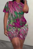 Casual Leaf Print O Neck Short Sleeve Oversize T-Shirt And Shorts Two Pieces Shorts Sets
