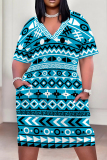 Casual Geometry Print Basic V Neck Short Sleeve Loose Pockets Straight Midi T-Shirt Dress