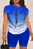 Casual Gradient Print O Neck Short Sleeve Oversize T-Shirt And Shorts Two Pieces Shorts Sets