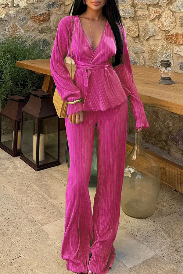 Formal Deep V Neck Long Sleeve Ruched Strap Design Cardigan Blouse And Wide Leg Pants Vacation Office Lady Two Pieces Trouser Sets