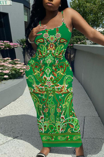 Casual Graphics Print Backless Spaghetti Strap Long Vacation Plus Size Bodycon Maxi Slip Dresses