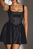 Formal Sleeveless Backless U Neck Belted Party Evening A Line Pleated Mini Tank Dresses