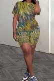 Casual Leaf Print O Neck Short Sleeve Oversize T-Shirt And Shorts Two Pieces Shorts Sets