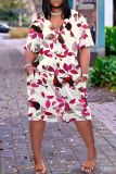 Casual Graphics Print Basic V Neck Short Sleeve Loose Pockets Midi T-Shirt Dress