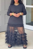 Casual O Neck Long Sleeve Patchwork Lace Ruffle Tiered Hem Maxi Dresses