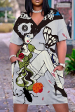 Casual Graphics Print Basic V Neck Short Sleeve Loose Pockets Midi T-Shirt Dress