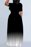Casual Gradient Print O Neck Short Sleeve Pocket Loose Floor Length Plus Size Maxi T-Shirt Dresses