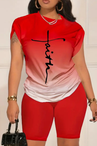 Casual Gradient Print O Neck Short Sleeve Oversize T-Shirt And Shorts Two Pieces Shorts Sets