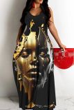 Sexy Figure Print Backless Spaghetti Strap Floor Length Vacation Baggy Sundress Slip Maxi Dress