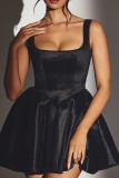 Formal Sleeveless Backless U Neck Belted Party Evening A Line Pleated Mini Tank Dresses