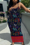 Casual Graphics Print Backless Spaghetti Strap Long Vacation Plus Size Bodycon Maxi Slip Dresses