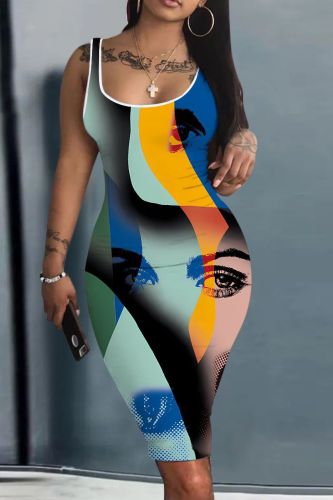 Casual Graphics Print U Neck Sleeveless Vacation Bodycon Midi Tank Dress