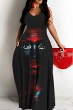 Sexy Figure Print Backless Spaghetti Strap Floor Length Vacation Baggy Sundress Slip Maxi Dress