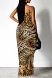 Sleeveless Animal Print Backless V Neck Spaghetti Strap Floor Length Vacation Baggy Sundress Slip Maxi Dress