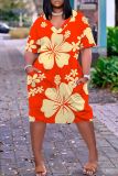 Casual Graphics Print Basic V Neck Short Sleeve Loose Pockets Midi T-Shirt Dress