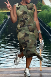 Street Camouflage Print O Neck Sleeveless Side Slit Vacation Long Maxi Tank Dresses