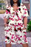 Casual Graphics Print Basic V Neck Short Sleeve Loose Pockets Midi T-Shirt Dress
