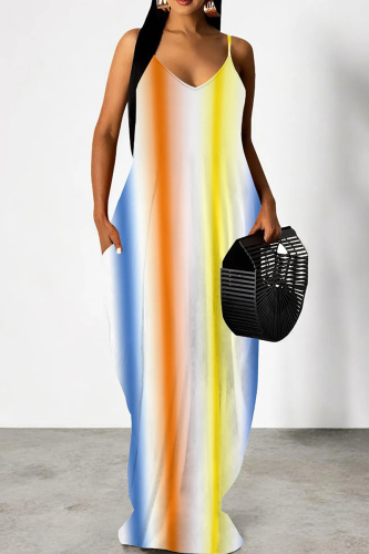 Sexy Ombre Print Backless Spaghetti Strap Floor Length Vacation Baggy Sundress Slip Maxi Dress