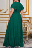 Casual  O Neck Flare Sleeve Cinch Waist Long Formal Party Evening Vacation Plus Size Pleated Maxi Dresses