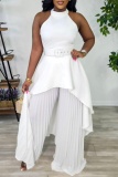 Casual O Neck Sleeveless Irregular Hem With Belt Halter Tops And Pleated Wide Leg Pants Vacation Two Pieces Trouser Sets
