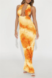 Tie Dye Print Backless Deep V Neck Hollow Out Ruffle Trim Long Formal Party Evening Bodycon Halter Maxi Dress
