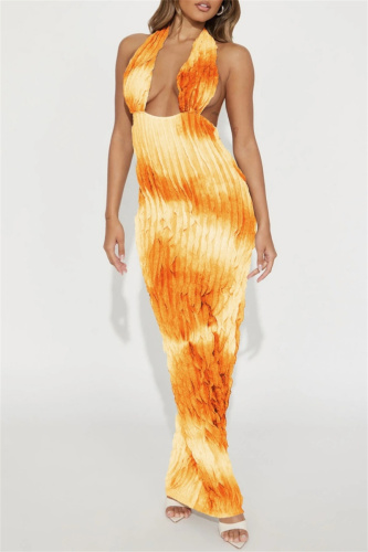 Tie Dye Print Backless Deep V Neck Hollow Out Ruffle Trim Long Formal Party Evening Bodycon Halter Maxi Dress