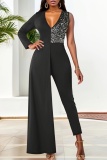 Sequins V Neck Single Sleeve Overlay Formal Party Evening Straight Leg Jumpsuit