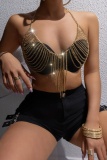 Club Sleeveless Backless Fringed Trim Chains Halter  Crop Tops