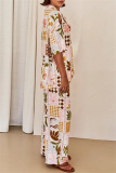 Boho Graphics Print Turndown Collar Short Sleeve Shirt And Wide Leg Pants Vacation Two Pieces Trouser Set