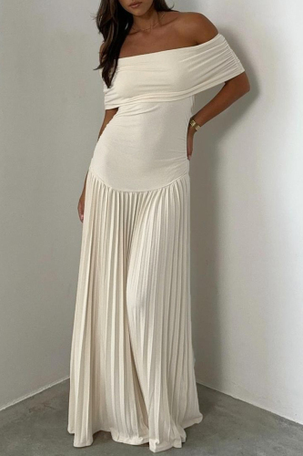 Formal Off Shoulder Flutter Sleeve Vacation Party Evening Ruched Pleated Maxi Dresses