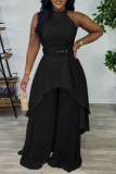 Casual O Neck Sleeveless Irregular Hem With Belt Halter Tops And Pleated Wide Leg Pants Vacation Two Pieces Trouser Sets