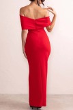 Green Sexy Formal Solid Patchwork Slit Off the Shoulder Evening Dress Dresses