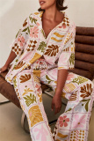 Boho Graphics Print Turndown Collar Short Sleeve Shirt And Wide Leg Pants Vacation Two Pieces Trouser Set