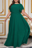 Casual  O Neck Flare Sleeve Cinch Waist Long Formal Party Evening Vacation Plus Size Pleated Maxi Dresses