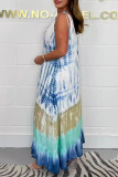 Casual Gradient Print U Neck Sleeveless Fringed Trim Ruffle Hem Ripple Vacation Maxi Slip Dress