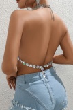 Club Rhinestones Sleeveless Backless Fringed Trim Chains Halter Crop Tops