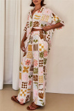 Boho Graphics Print Turndown Collar Short Sleeve Shirt And Wide Leg Pants Vacation Two Pieces Trouser Set